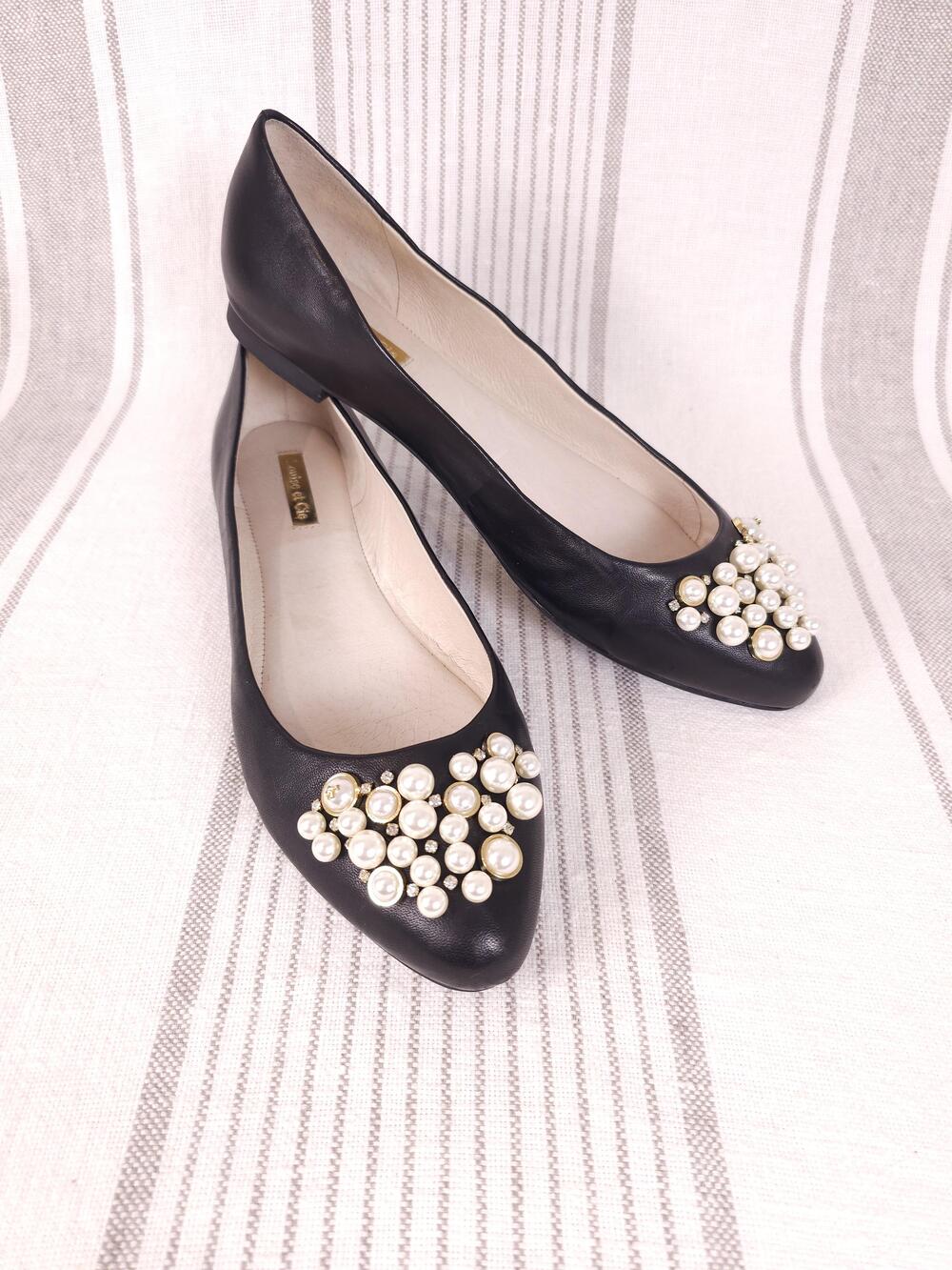 Louise Et Cie Flats Womens 9.5 Arella Black Leather Pearl Rhinestone Ballet Shoe